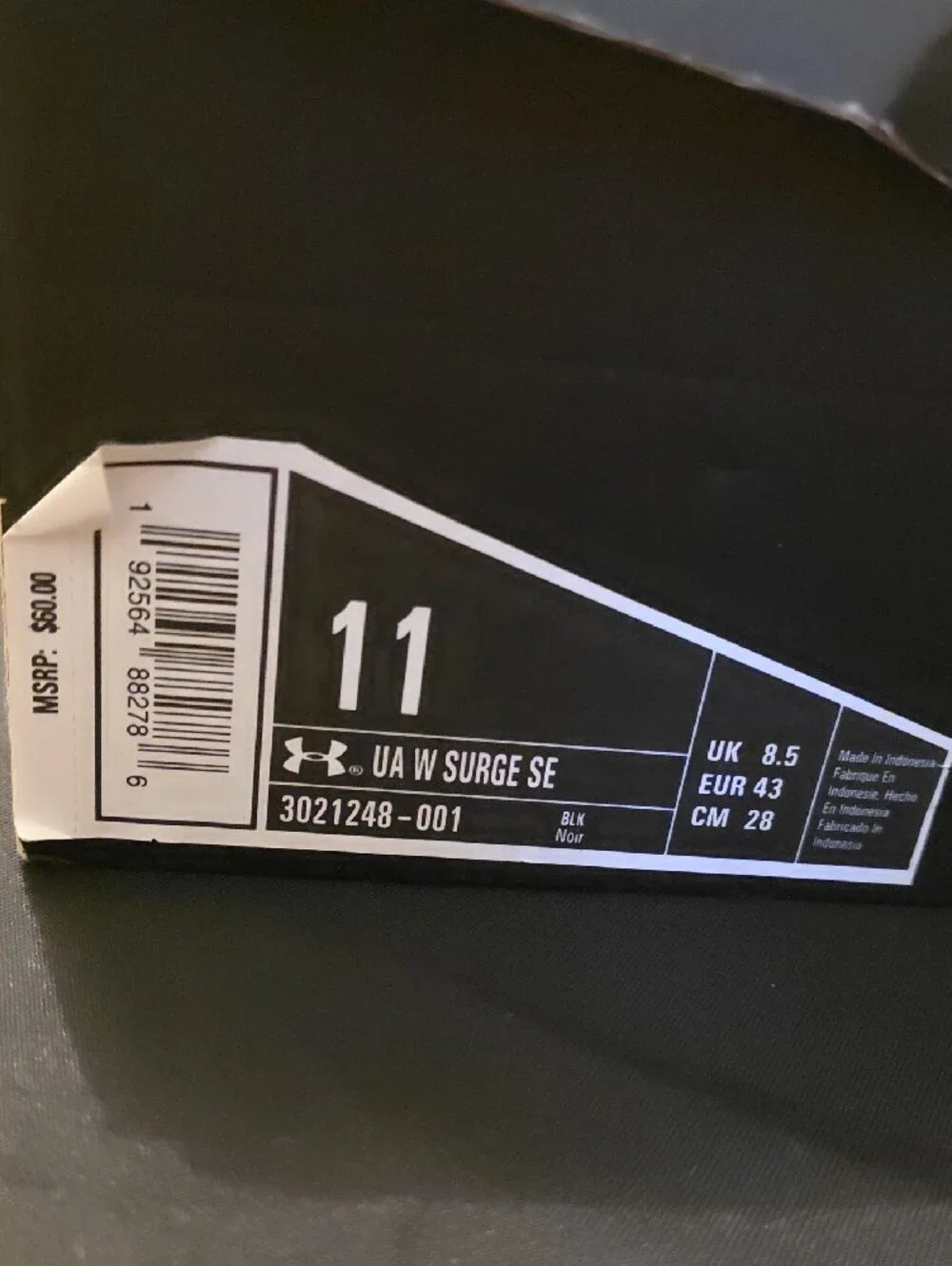 Under Armour Surge Womans Black and White Running Sneakers